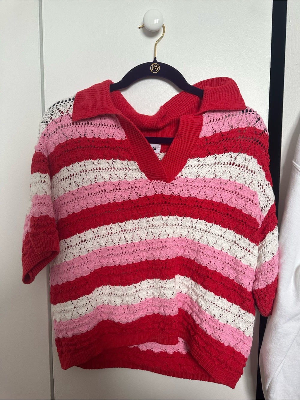 Red & Pink Striped V‑Neck Crochet Sweater - Picture 1 of 1